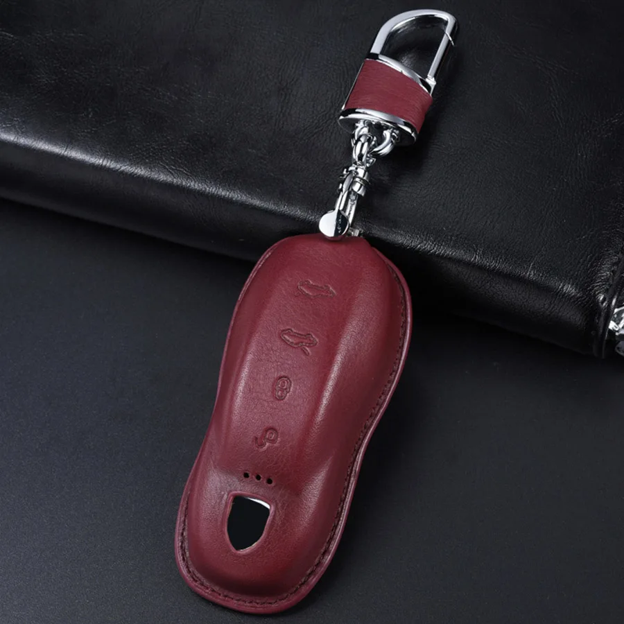 Red with Keychain Чехол для ключей из коровьей кожи для автомобиля Porsche Boxster Cayman 911, Panamera Cayenne Macan, Модный чехол для ключей, аксессуары - Название цвета: Red with Keychain