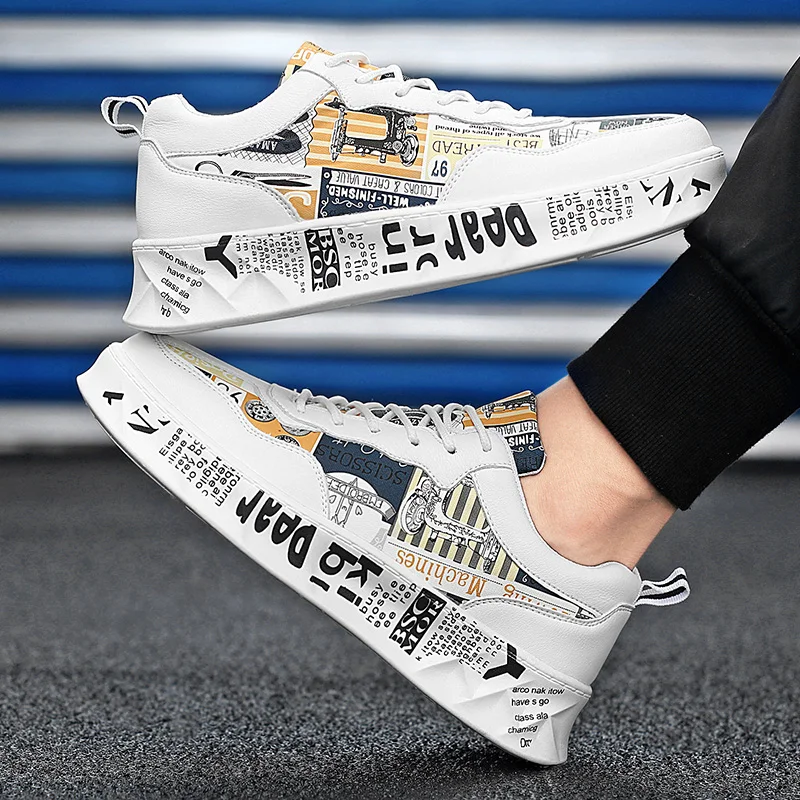 

Мужские кроссовки из искусственной кожи, на вулканизированной подошве, с принтом, на шнуровке, для прогулок, 2020