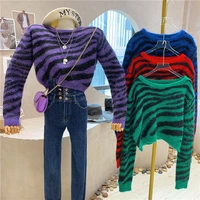 women clothes 2021 korean fashion vintage striped sweater long sleeve o neck cropped sweaters purple sweaters