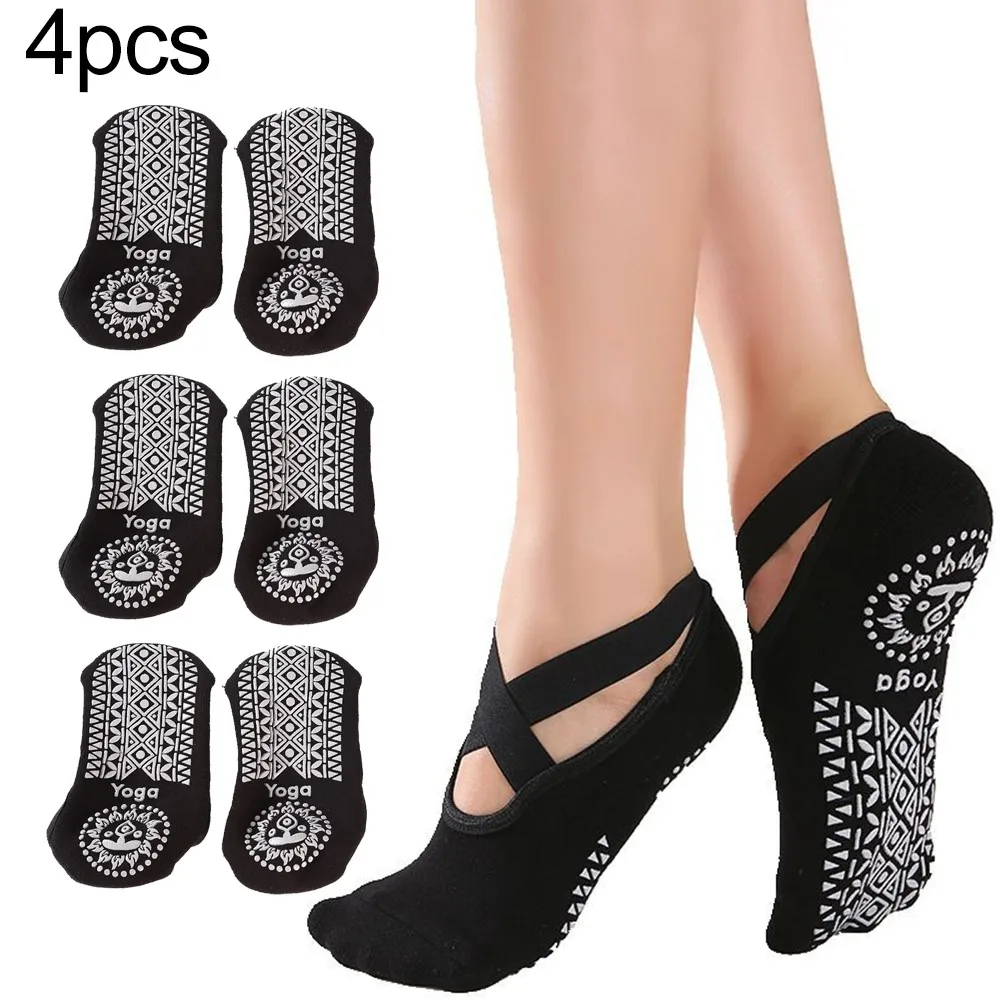 

4 Pairs Women Yoga Socks Non-Slip Bandage Cotton Pilates Barre Fitness Sport Socks With Grips For Ladies Girls Dance Supplies