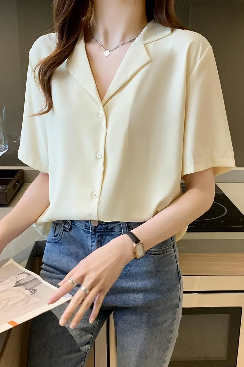 

Chikichi 2021 Summer New Korean Version of Single-breasted Suit Collar Short-sleeved Button Up Shirt Women Tops