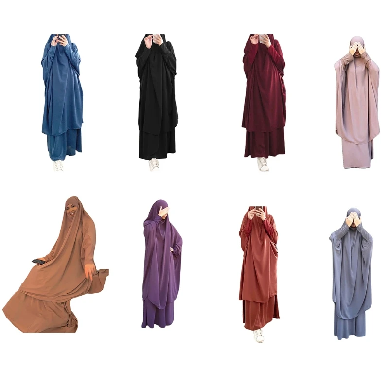 

Q1FA Womens 2 Pieces Muslim Prayer Dress Long Sleeve Hijab Scarf Khimar and Skirt Set Islamic Abaya Full Length Suit Ramadan Eid