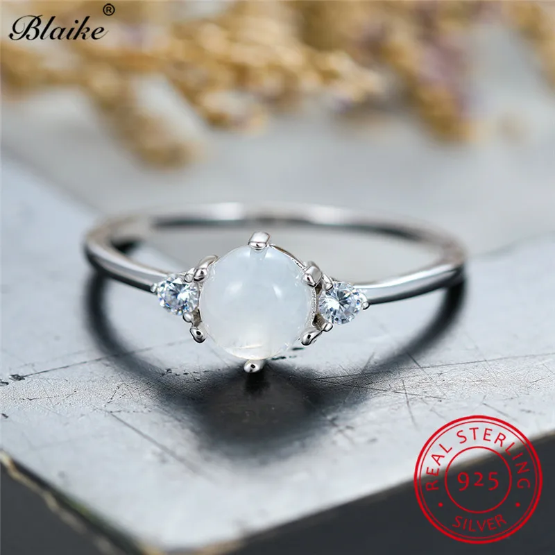 S925 стерлингового серебра кольцо с круглым белым циферблатом и лунный камень