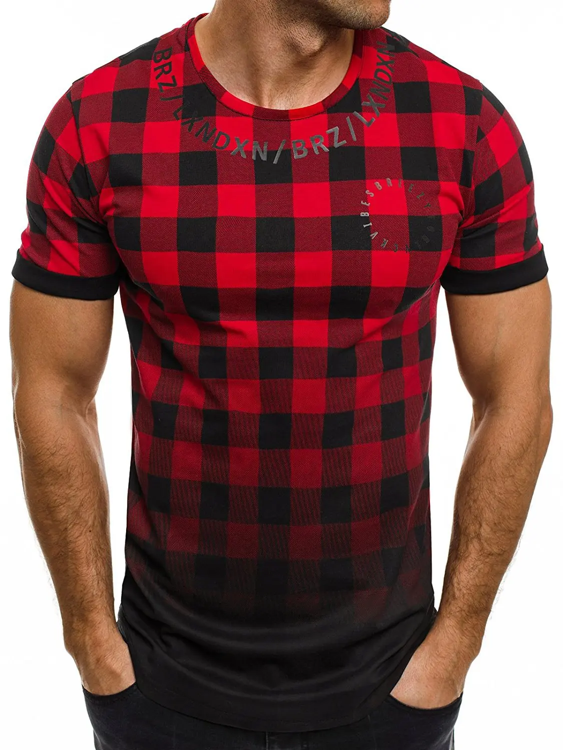

2020New Men's Fashion Men's Thin O-neck Short-sleeved T-shirt Plaid Color Matching Short-sleeved T-shirt Gradient Color T-shirt