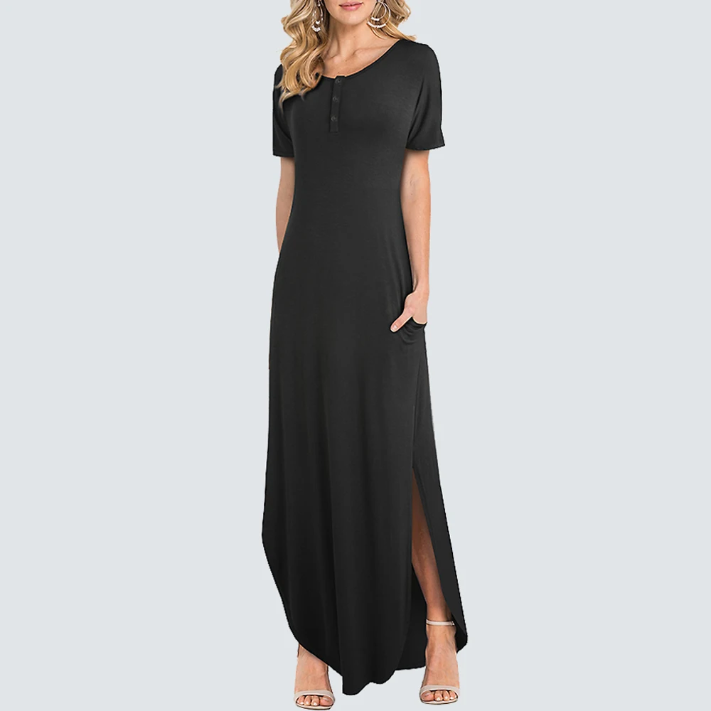 Платье женское длинное однотонное с круглым вырезом шикарное повседневное