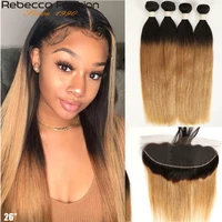 Rebecca Ombre Bundles With Frontal Two Tone 1B/99J 1B/27 1B/30 Brazilian Straight Hair 3 4  Bundles With Lace Frontal Closure