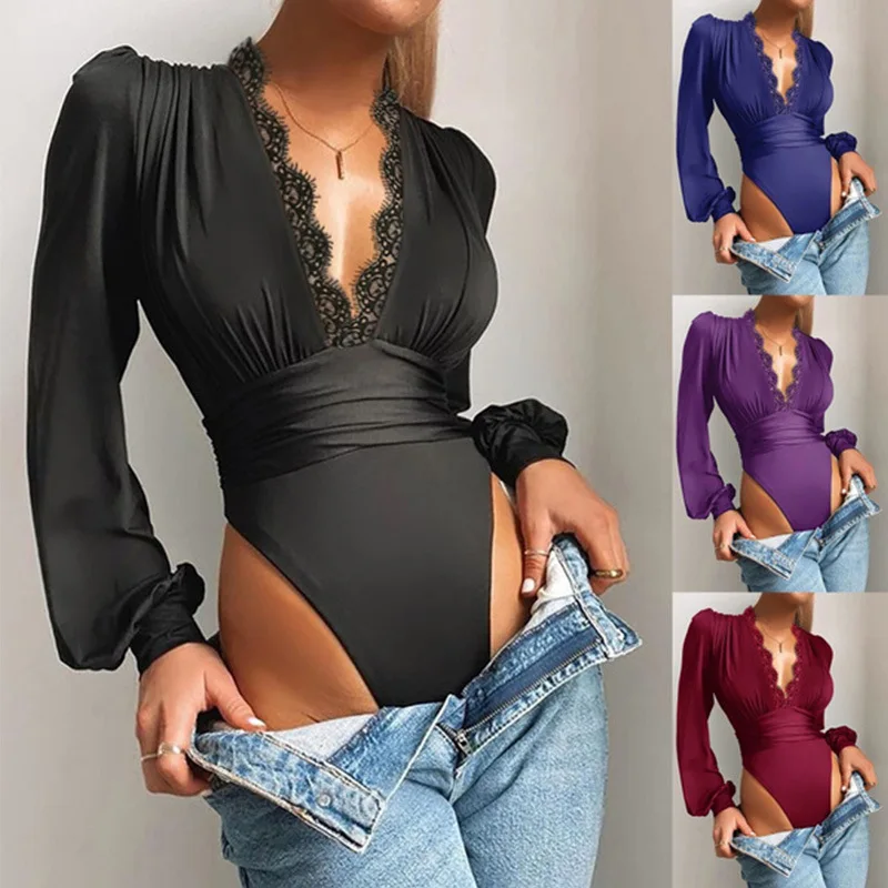 

Women's Spring Fall Lace Bodysuit Deep V-neck Solid Color Long Lantern Sleeve Bodycon Slim Romper Jumpsuit Streetwear 2021
