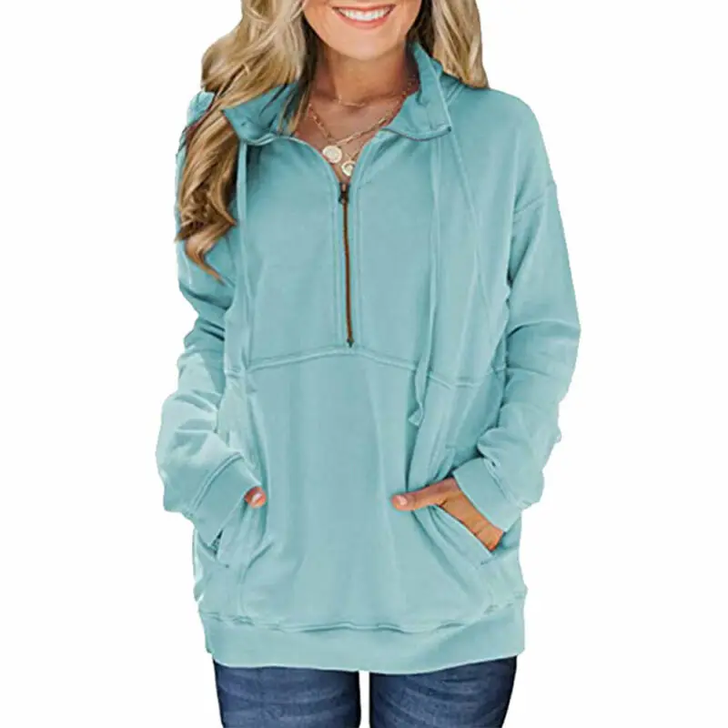 

Women Pullover Sweatshirt Zipper Plain Jacket Pocket Ladies Jumper Top Coats