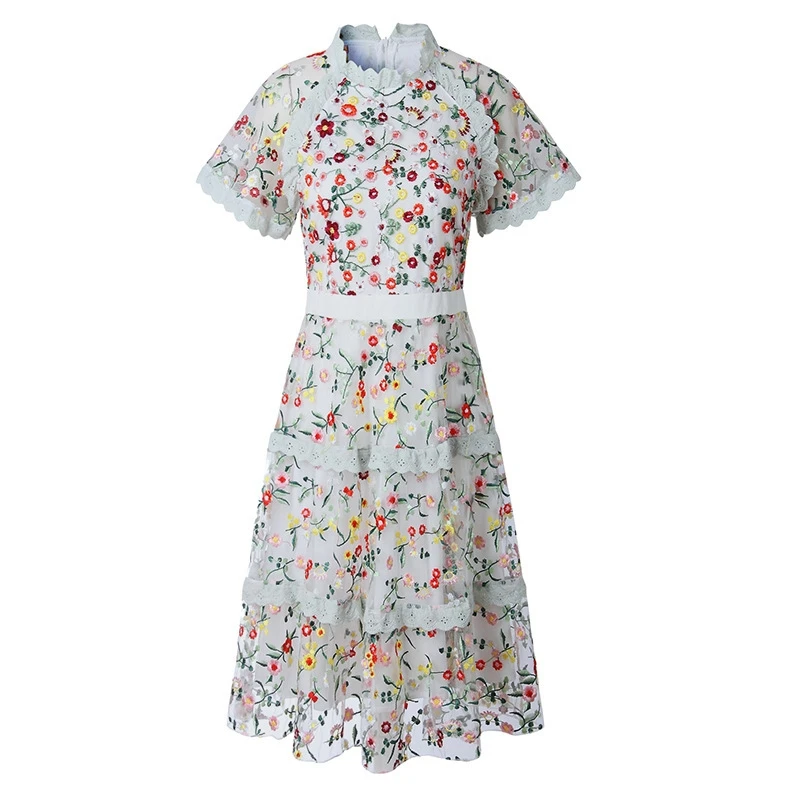 

Women Summer Overlay Embroidery Mesh Dress Elegant Flare Sleeve Ruffled Sweet Girls Flower Dress Party Cocktail Vestidos k8609