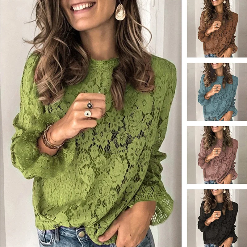 

Sexy Club Solid Hollow Out Lace Women's Clothing New Year 2022 Flare Long Sleeved Tunics Casual T-shirt Roupas Femininas Tops