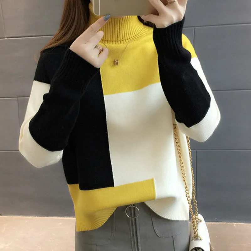 yellow Woherb осенне-зимний свитер с высоким воротником Женская мода Harajuku Patckwork пуловер свитер с длинными рукавами трикотажные свитера Одежда - Цвет: yellow