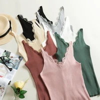 women hook flower lace tank solid stitching v neck camis female knitted short slim sleeveless shirt tank casual tops
