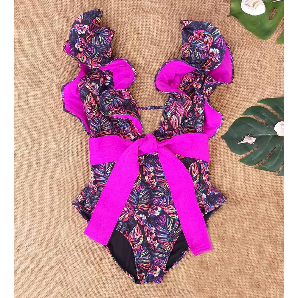 

2020 New Sexy Ruffle Print Floral One Piece Strappy Slimming Swimwear Women Swimsuit Deep-V Bathing Suit Beach Wear Monkini