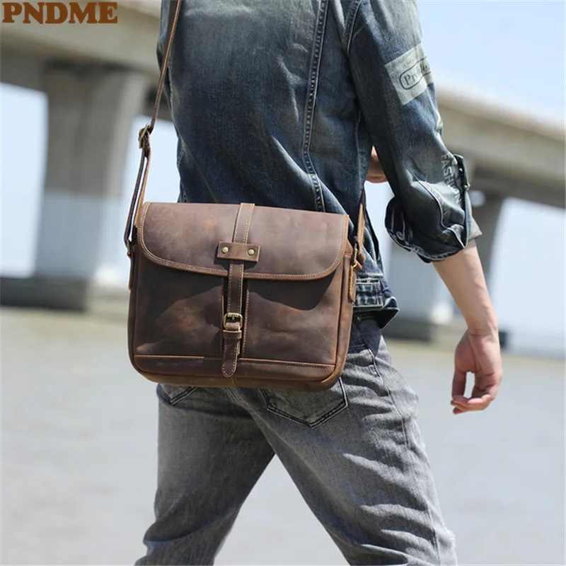 PNDME vintage crazy horse cowhide men's messenger bag high-quality natural genuine leather designer daily work shoulder bag