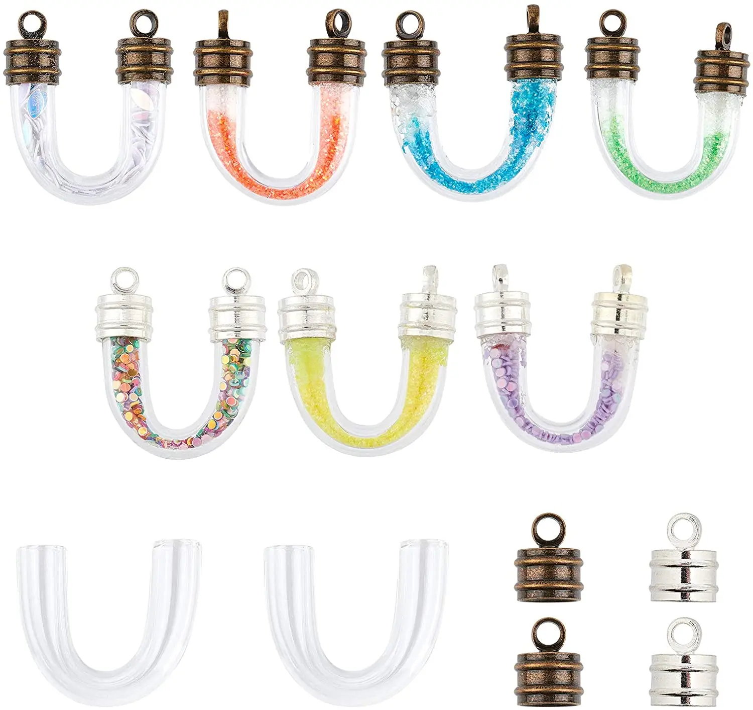 

10 шт. U-образные прозрачные стеклянные бутылки, подвесные бутылки желаний с 20 шт. антикварных бронзовых/серебряных латунных подвесок, крышки...