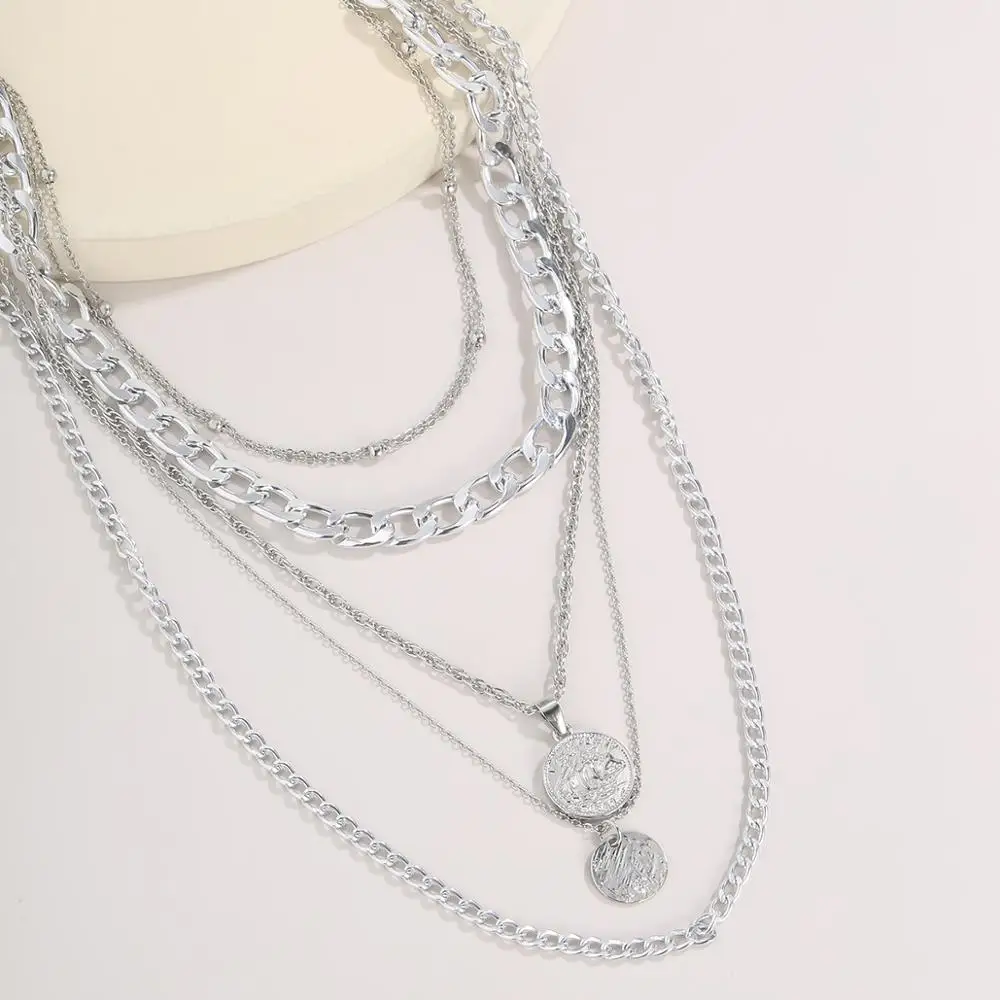 

IngeSight.Z Neo Gothic Multi Layered Curb Cuban Choker Necklace Vintage Sequins Carved Coin Pendant Necklaces for Women Jewelry