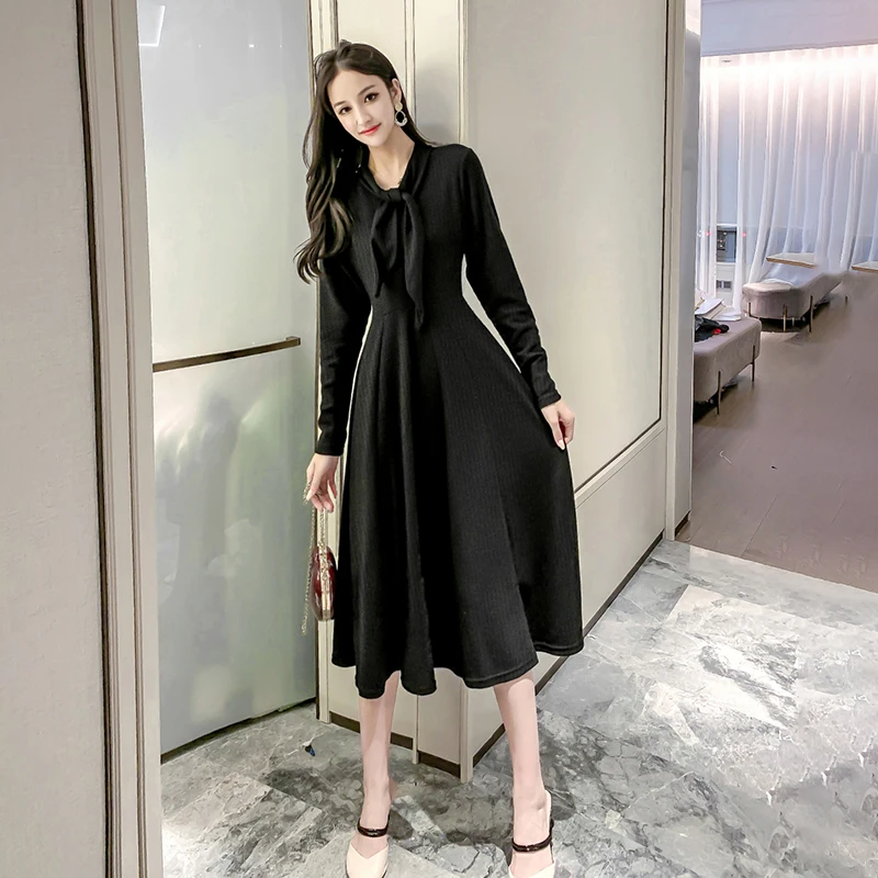 

Harajuku Style Women Spring Fashion Elegant Black Office Lady A-line Dress Vintage Casual O-neck High Waist Party Dress Vestidos
