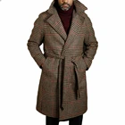 Мужские костюмы в классическом стиле с рисунком гусиные лапки и поясом, шерстяное плотное модное длинное пальто на заказ, зимняя деловая куртка с лацканами