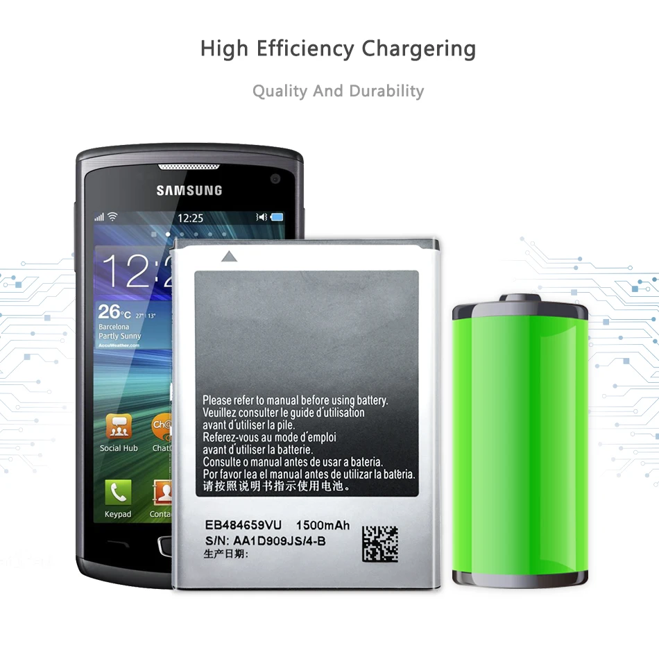 Батарея мобильного телефона для samsung GALAXY W T759 i8150 S8600 S5820 I8350 I519 X крышка S5690 запасная батарея 1500mAh EB484659VU