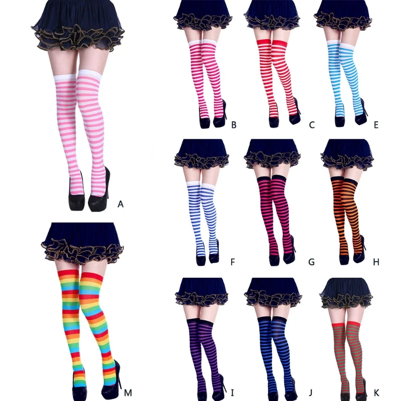 

Womens Long Striped Socks Contrast Color Thigh High Stockings Cosplay Halloween Sexy Medias Striped Long Socks Warm Knee Socks