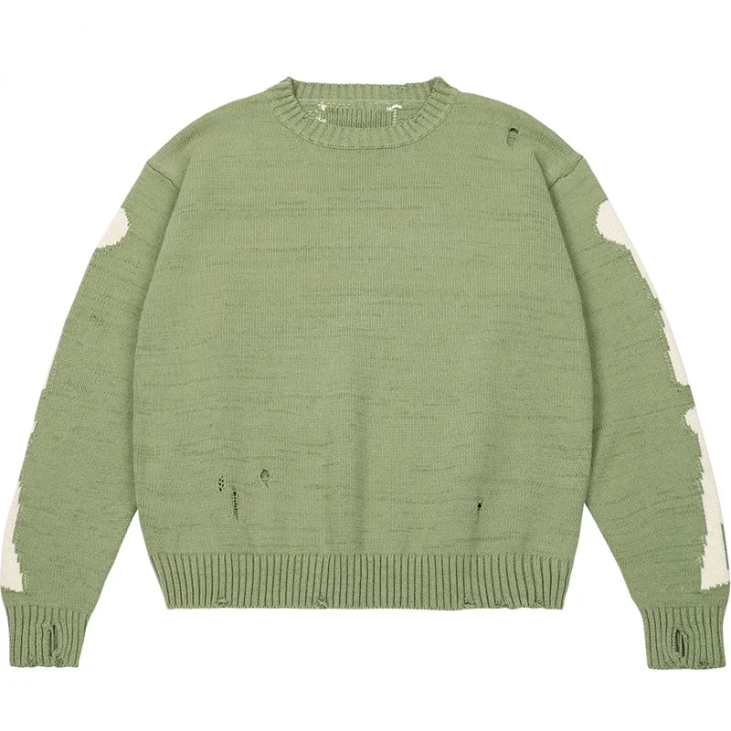 

2021 Autumn Oversized Sweater Men Woman Skeleton Bone Print Cotton Pullover Harajuku Damage Hole Vintage 1:1 Knit Sweater Green