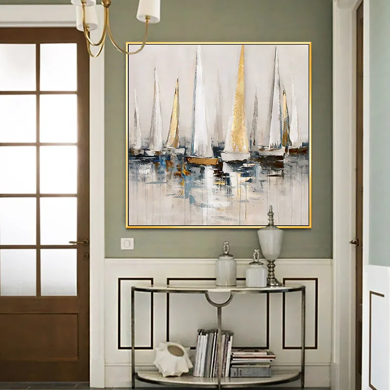 Настенная живопись большого размера 100% абстрактная Золотая фольга парусники