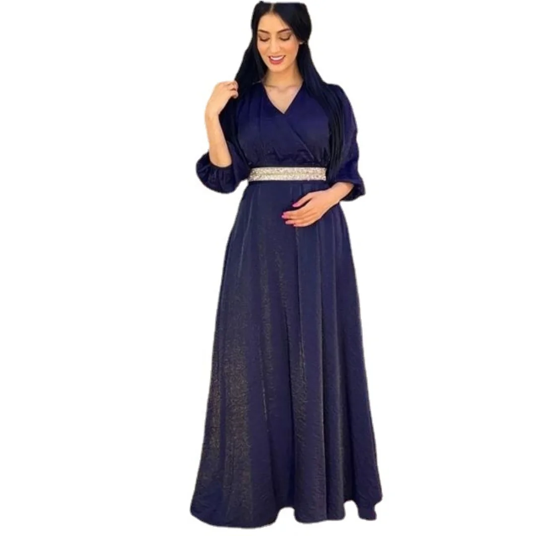 

2021 New Muslim Middle East Women Encrusted Diamond Belt Bubble Sleeve Dress Evening Dress Turkey Long Muslim Women Abayas
