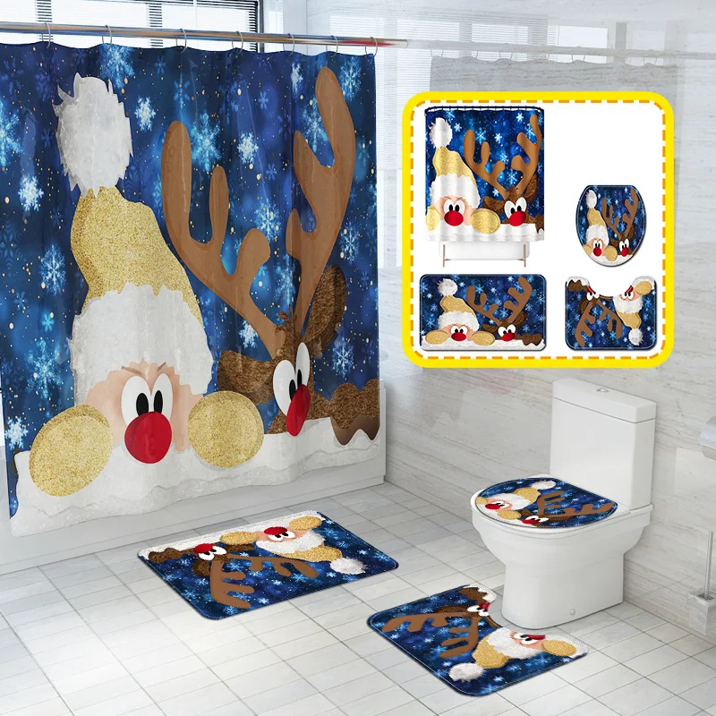 

Merry Christmas Shower Curtain / Non-Slip Rug/ Toilet Lid Cover/ Bath Mat Santa Deer Pattern for Christmas Decoration