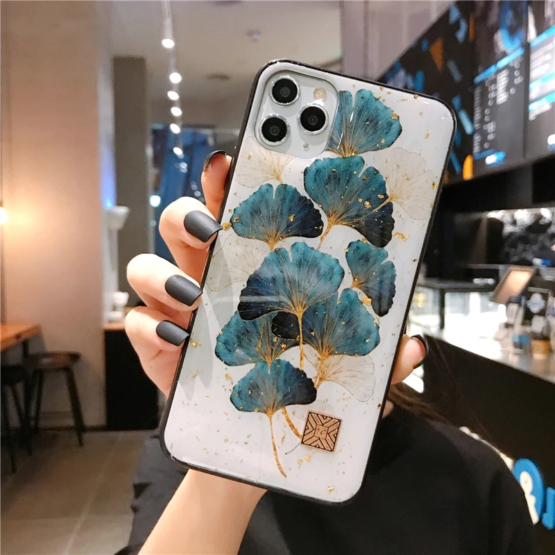 Luxury Gold Foil Fresh Leaf Flower Silicon Case For iPhone 14 13 12 11 Pro Xs Max Mini SE X XR 7 8 Plus Glitter Bling Soft Cover