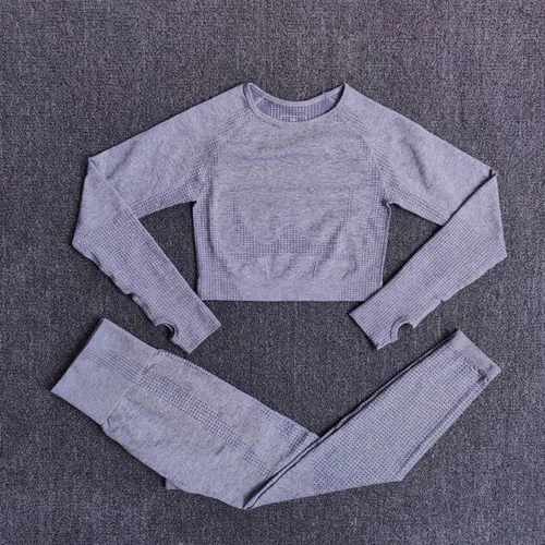 Gray blue 2 pcs set 2 шт., женские спортивный костюм, бесшовный комплект для йоги, спортивный комплект, высокая талия, леггинсы для бега, спортивные топы для фитнеса, одежда, спортивная одежда - Color: Gray blue 2 pcs set