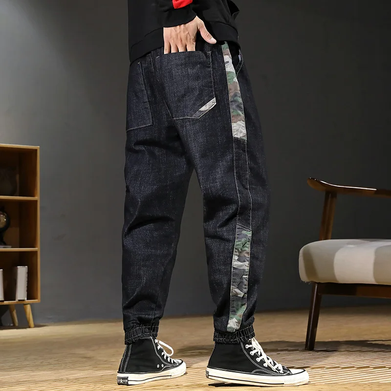 Men's Youth Casual Loose Large Size Black Jeans Korean Hip-hop Style Harem Camouflage Stitching Jeans Pants Plus Size 40 41 42