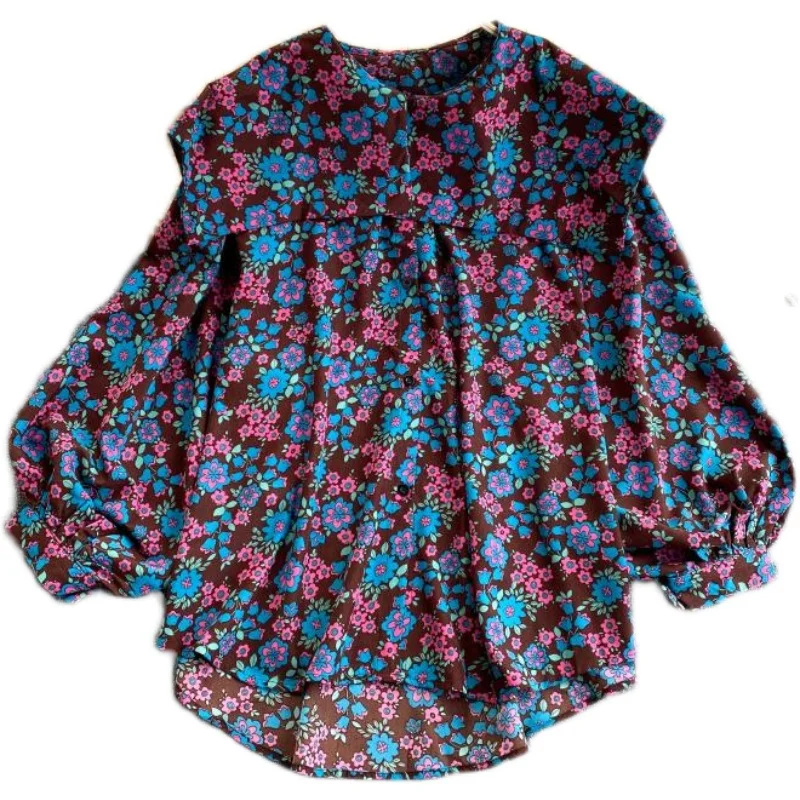 

design feeling and women wind coat lapel brim relaxed joker retro flower lantern sleeve shirt female spring clothing