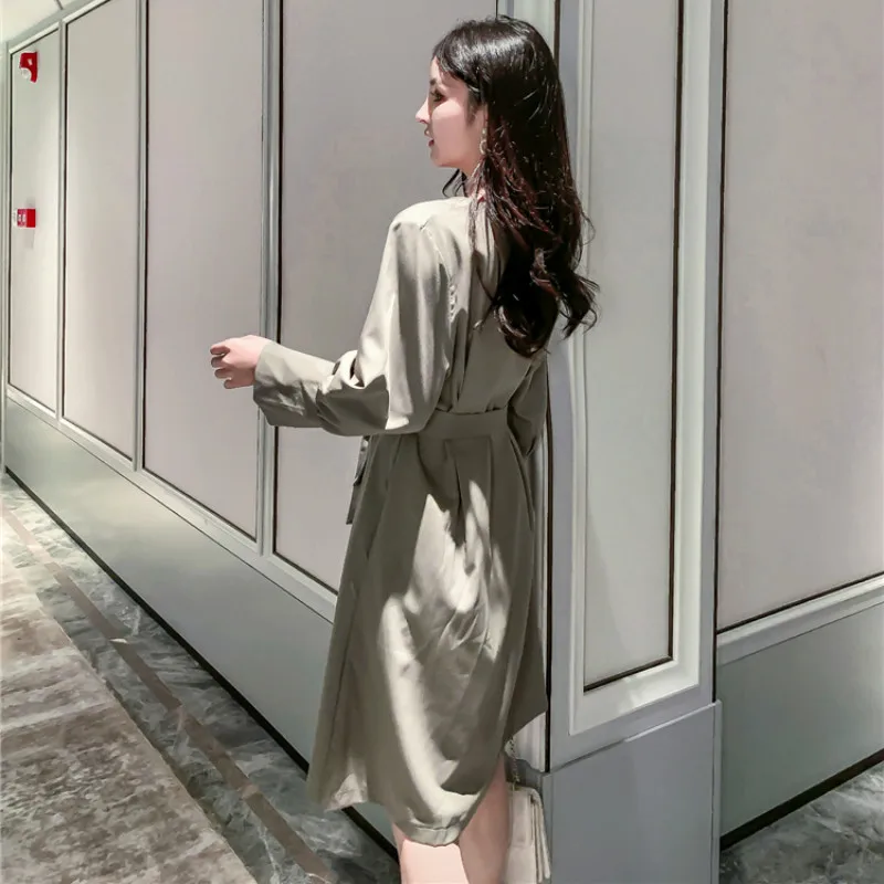 

NIJIUDING Autumn Fashion High Quality Office Lady Slim Solid color V-Neck lace up Long Blazer Split Sexy Women Dress Long sleeve