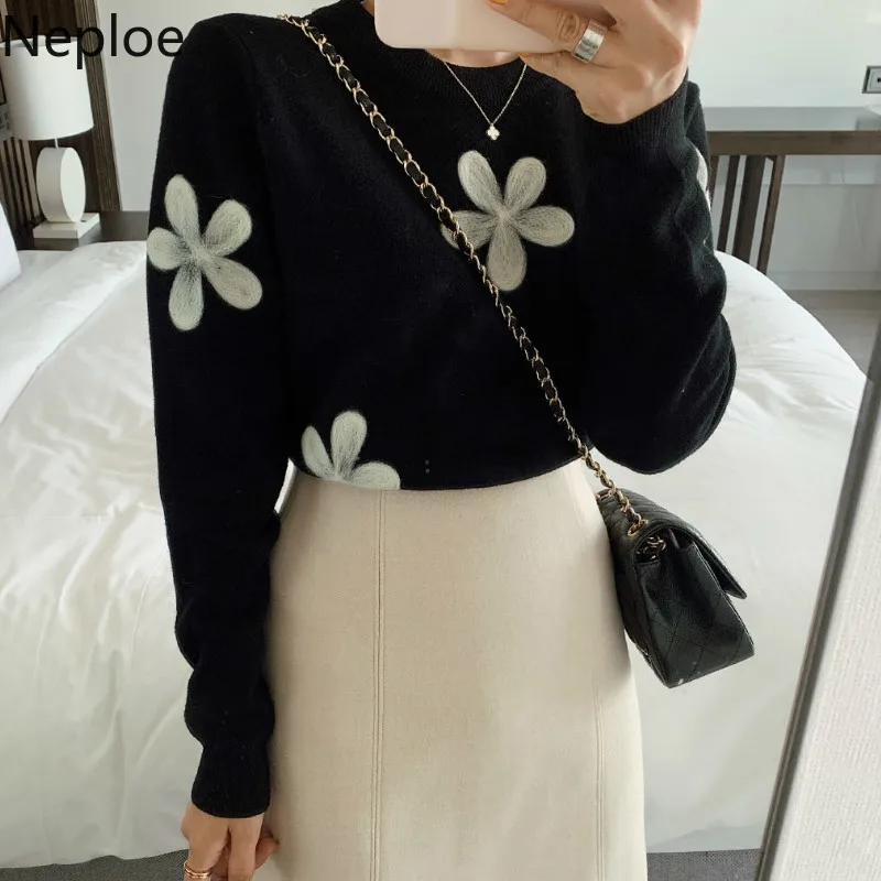 Женский свитер с круглым вырезом и длинным рукавом Neploe Однотонный цветочной