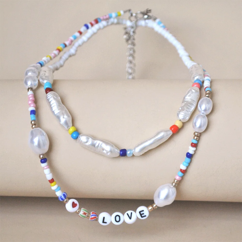 

Wholesale Color Rice Beads Letters Love Beaded Necklace Women's Bohemian Beaded Pearls Jewellery