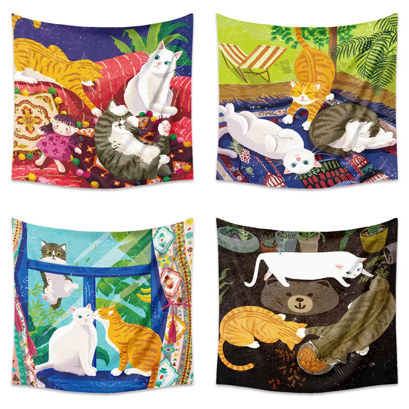 

FFO Kawaii Cat Tapestry Wall Hanging Decor Hippie Trippy Tapestryies Colorful Cartoons Carpets Rugs Psychedelic Arts Bed Cover