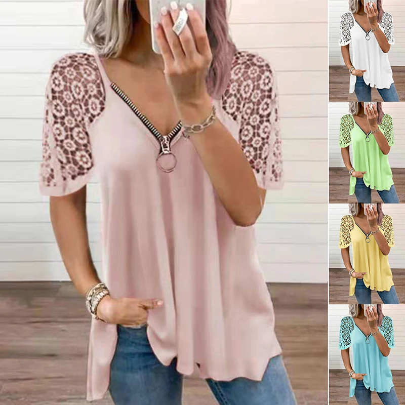 

Lace Patchwork Short Sleeve Shirt Women Summer Sexy Zipper V Neck Casual Elegant T Shirt Fashion Plus Size Solid Loose Top Tees