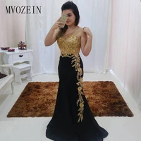 black mermaid evening dresses golden lace appliques arabic vestidos de fiesta de noche robe de soiree plus size