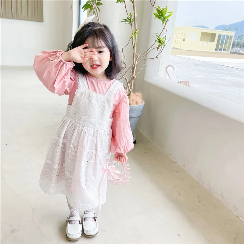 

2021 Spring Korean Children Clothing Girls Lace Suspender Dress + Bubble Sleeve Dress Two-piece Dress Fairy Skirt
