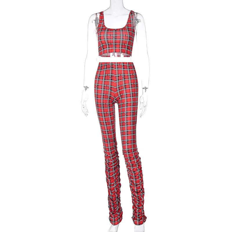 

Sexy Girls Plaid Print Tracksuit Fitness Two piece Set Summer Women Stacked Pants Sportswear Sleeveless Jogging Outfits 2021 New