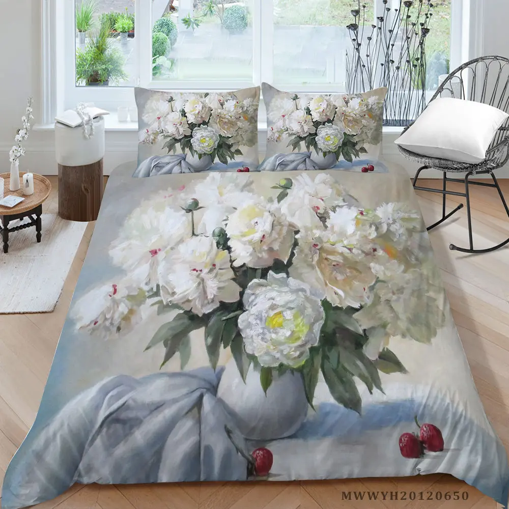 

White Flowers Bedding Set For Girls Still Life Print Duvet Cover King Queen Twin Full Single Double Soft Bed Set Artistic