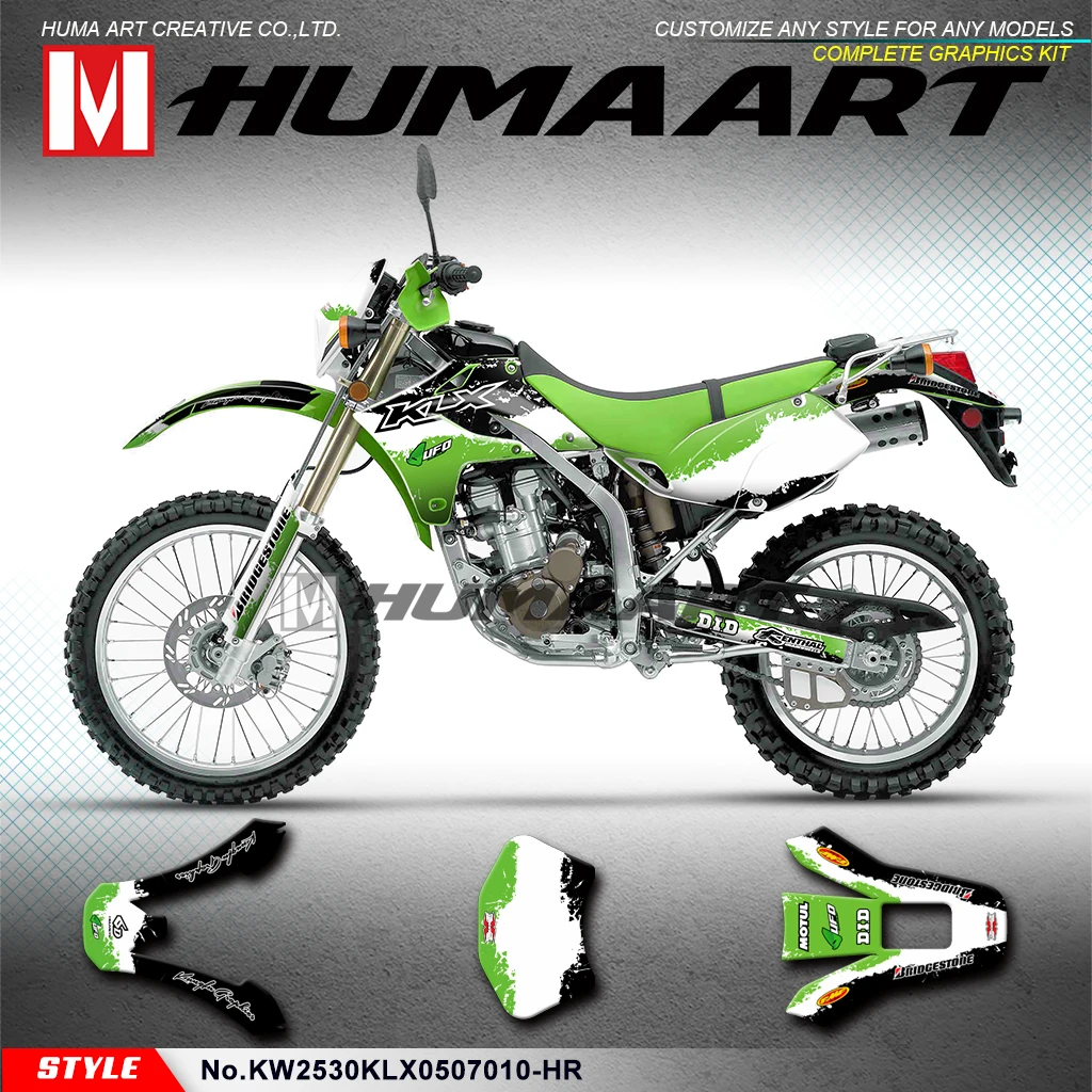 

Наклейки huпера MX, гоночные наклейки Enduro Graphics для KLX 250 300 S KLX250S KLX300S 2005 2006 2007, зеленый, черный