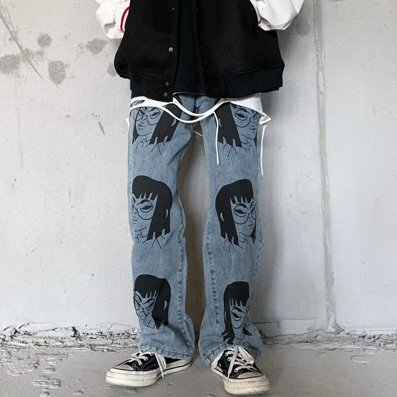 

Vintage Washed Jeans Women Streetwear Jeans Cartoon Pattern Print Jeans Loose High Waist Straight Pants Casual Man Jeans Cotton