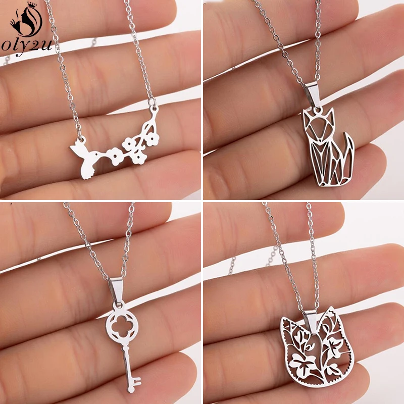 Изящные Ожерелья из нержавеющей стали оригами лиса кошка птицы кулон ожерелье