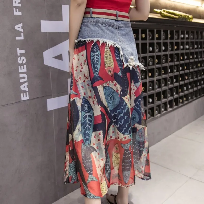 Женская джинсовая юбка с цветочным принтом длинная трапециевидная высокой