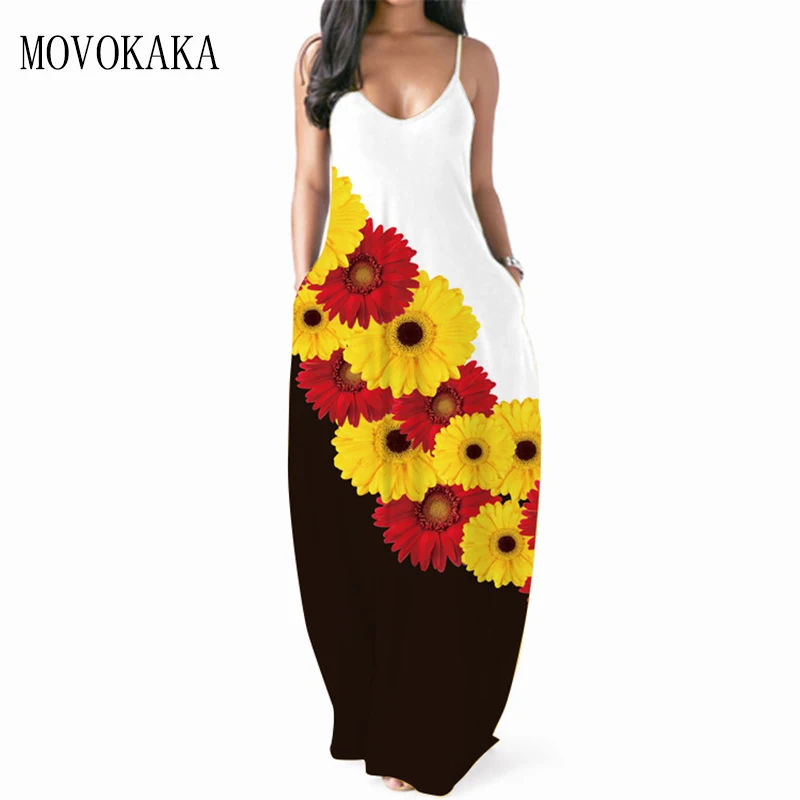 

MOVOKAKA 3D Flower Printed Sexy Sundresses Strap Dress Women 2021 Summer Beach Elasticity Vestidos Long Dresses Party Maxi Dress