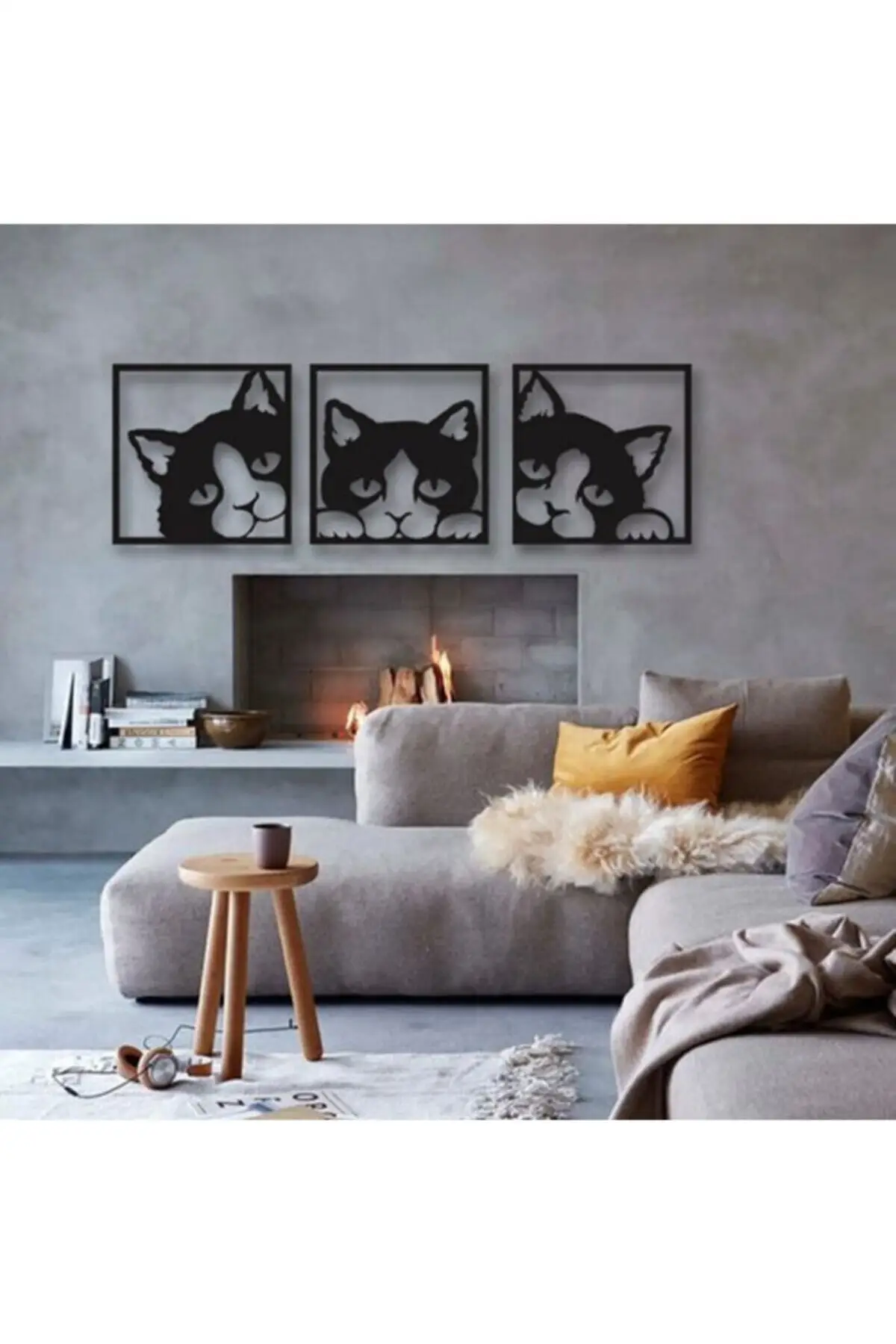 

Laser Cut Wood Mdf Black Color With Cat, 3-Piece Wall Painting Decoration