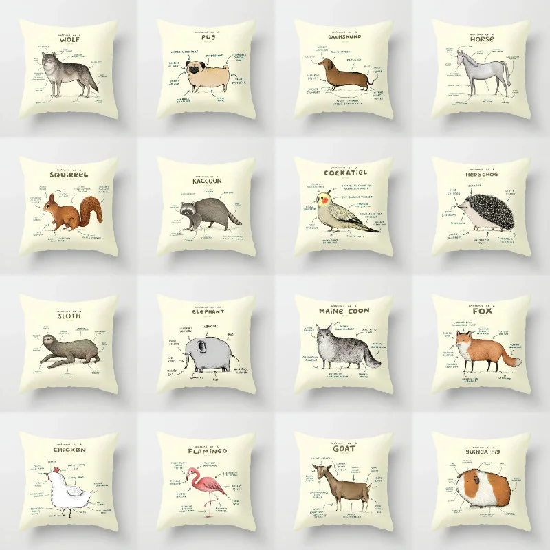 Чехол для подушки из полиэстера Elife anatomy с изображением животных квадратные