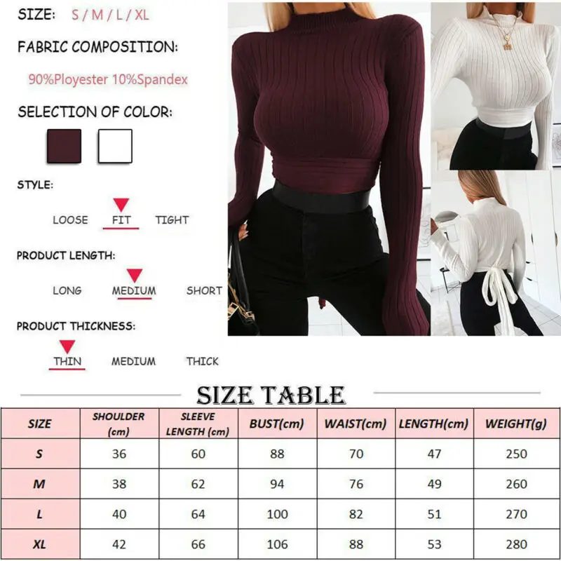 

Casual Lace Up Sweater Women Turtleneck Knitted Autumn Spring Thin Pullover Sweater Tops Solid Long Sleeve Skinny Short Sweater