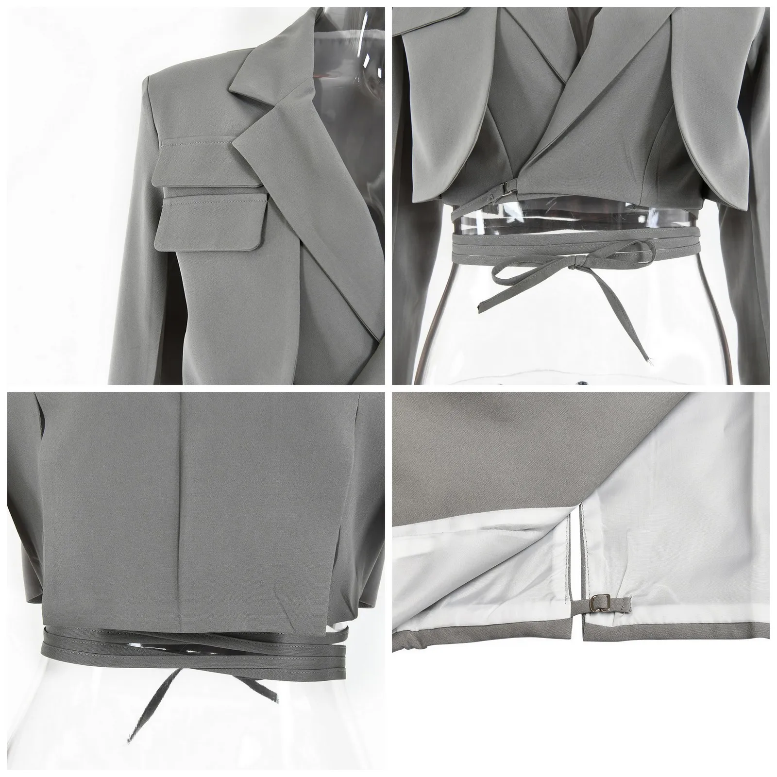 

Fantoye Double Layer Lace Up Coat Blazer Slim Women Gray Long Sleeve Pocket Short Jacket Suit Collar Female Outwear Clothes 2021